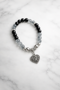 6mm Black & Gray Heart Charm Glass Beaded Bracelet