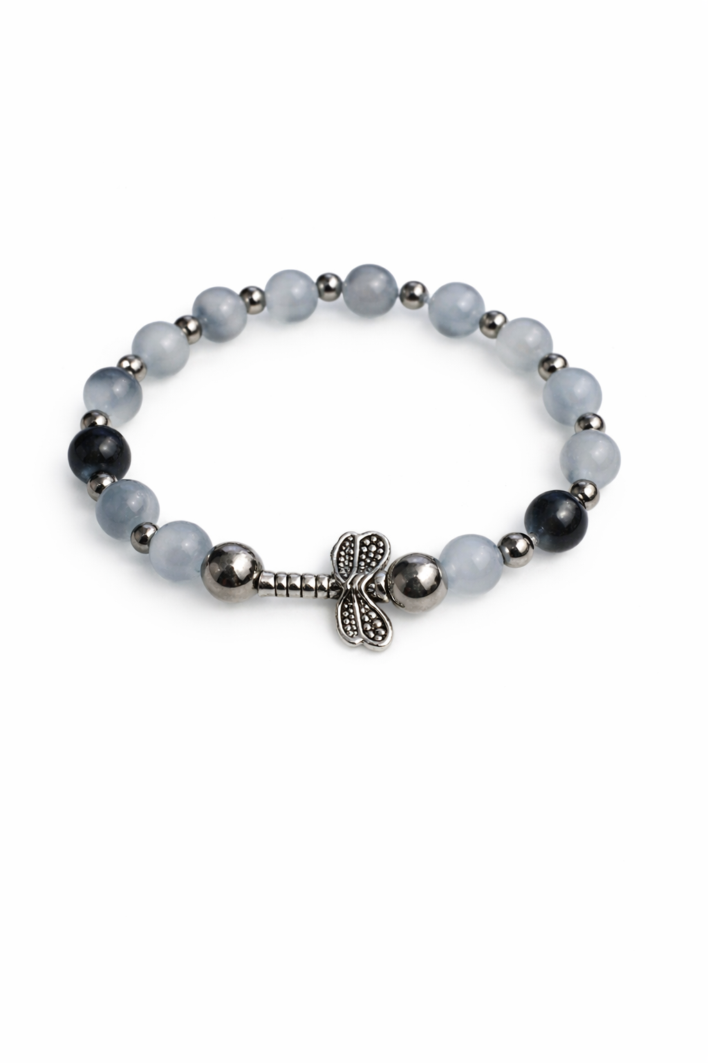 6mm Black & Gray Dragonfly Glass Beaded Bracelet