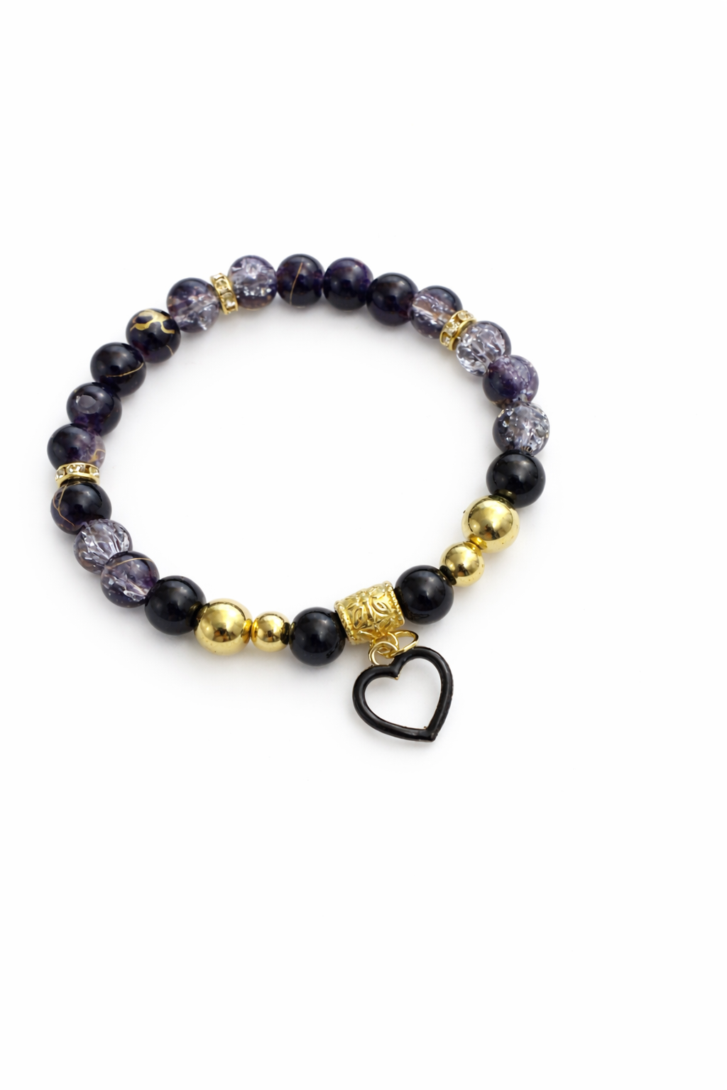 6mm Black & Clear Glass Bead Bracelet with Black Heart Charm
