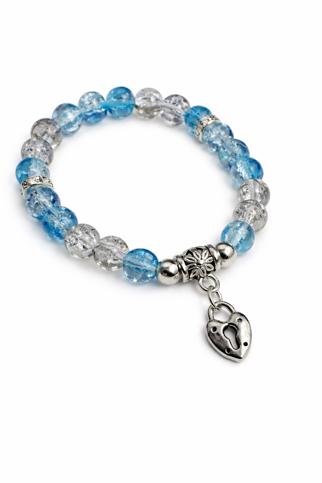 6mm Blue Glass Beaded Bracelet with Silver Heart Lock Charm