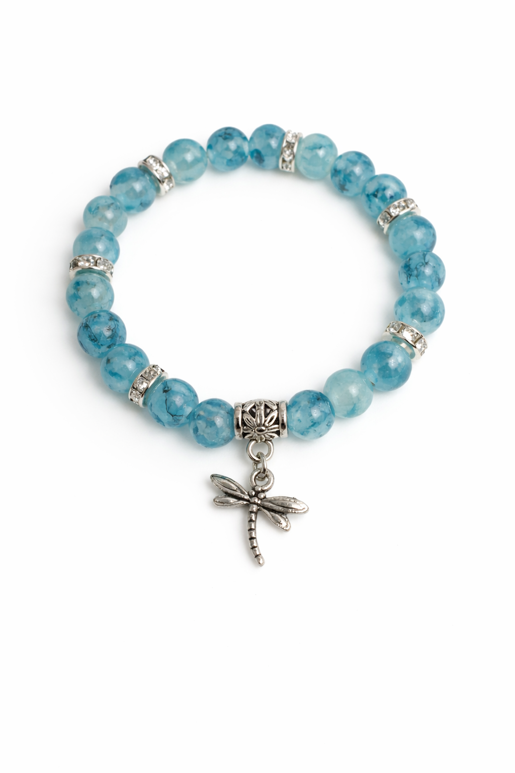 6mm Blue Glass Beaded Bracelet with Dragonfly Charm