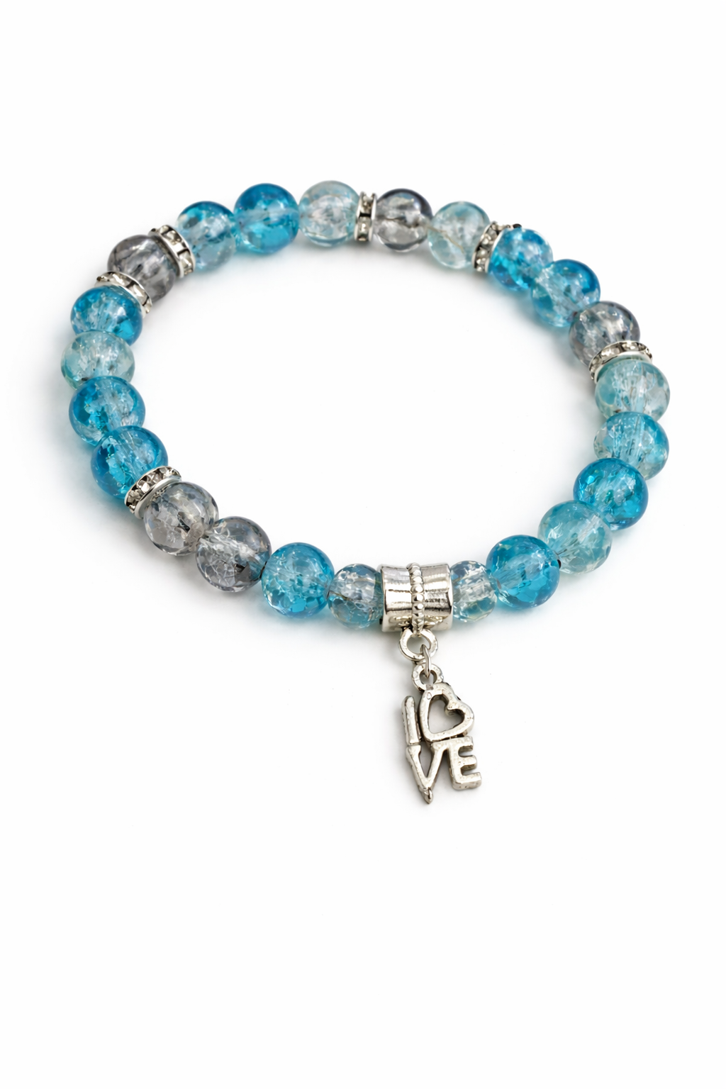 6mm Blue Glass Beaded Bracelet with Silver Love Charm