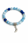 6mm Blue Marble Glass Beaded Bracelet with Silver Moon Charm