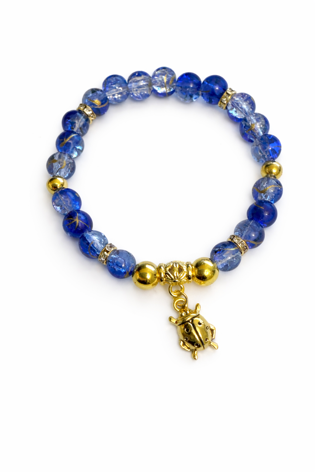 Blue & Gold Glass Beaded Ladybug Charm Bracelet