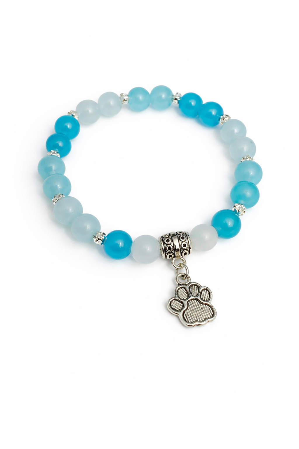6mm Blue & Light Blue Glass Beaded Bracelet with Paw Charm