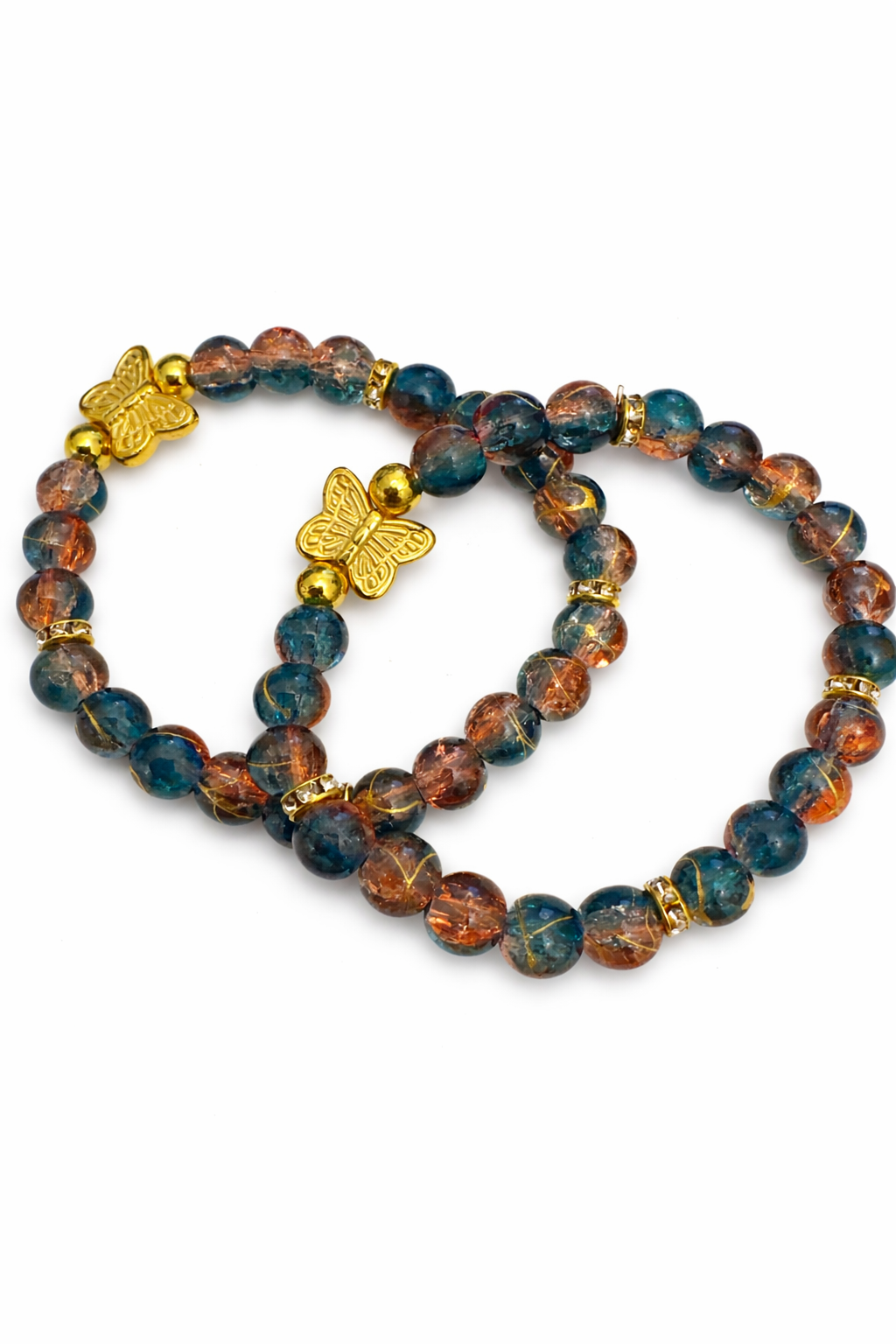 6mm Butterfly Blue & Gold Glass Bead Bracelet