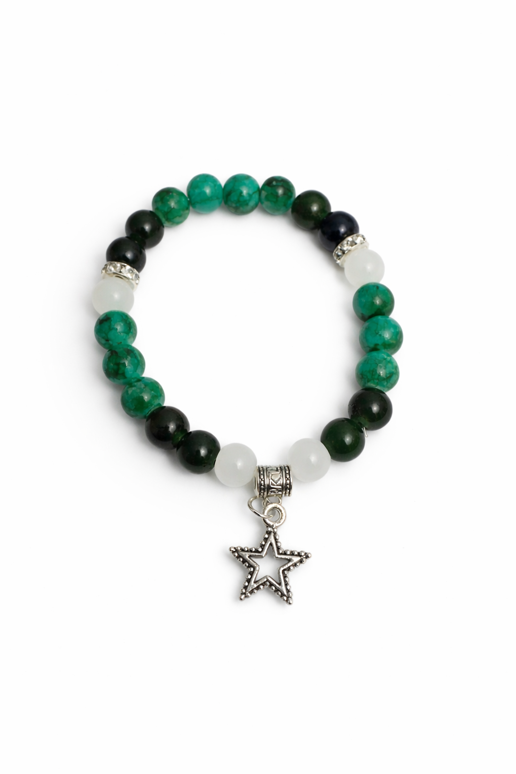 6mm Dark Green Glass Beaded Bracelet with Star Charm