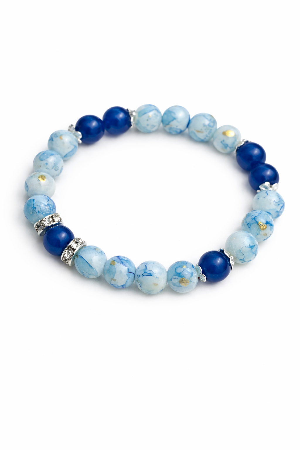 6mm Blue Marble Glass Beaded Bracelet with Rhinestone Spacers