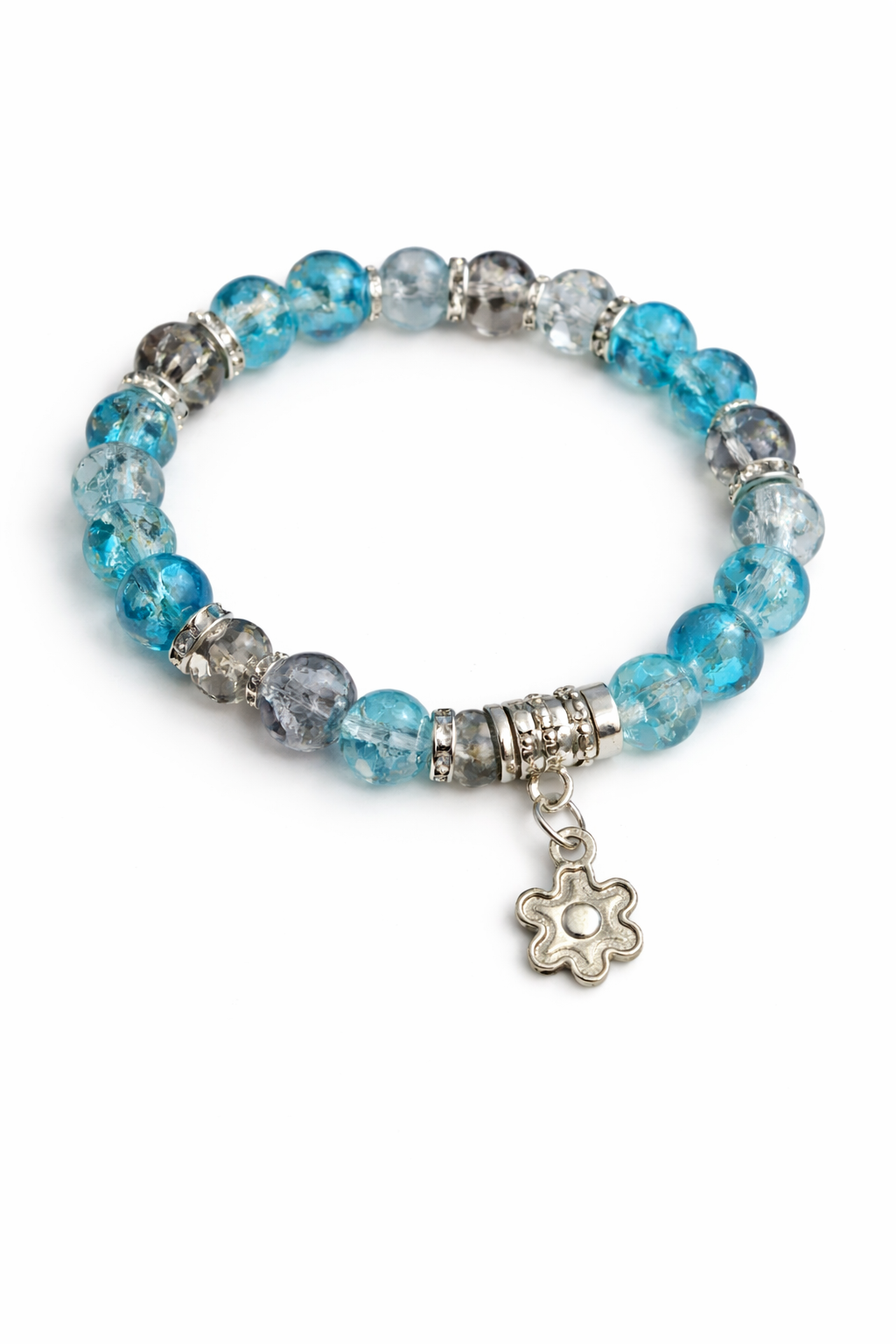 6mm Blue Crackle Glass Beaded Bracelet with Silver Flower Charm