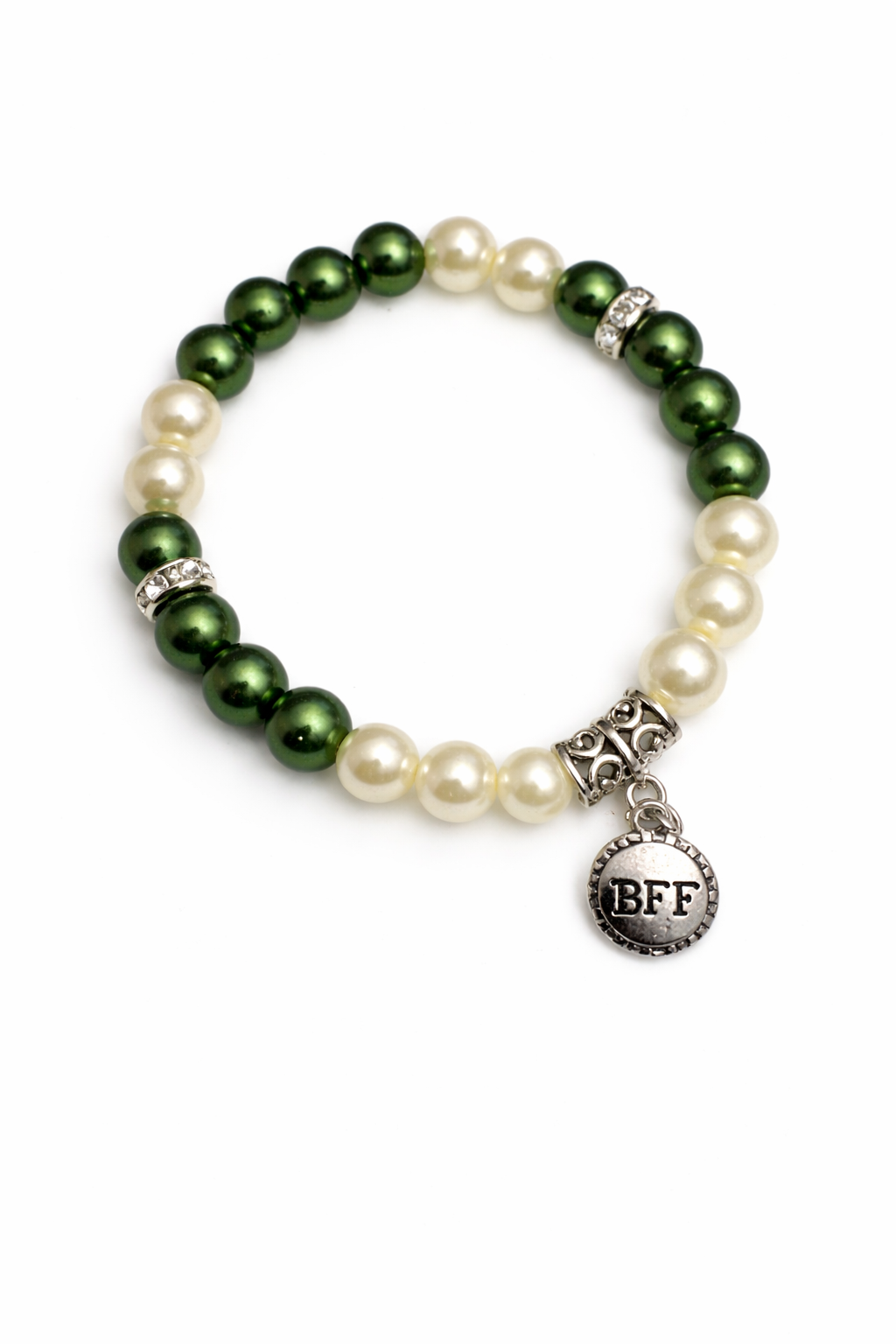 Green & White Pearl Glass Beaded BFF Charm Bracelet