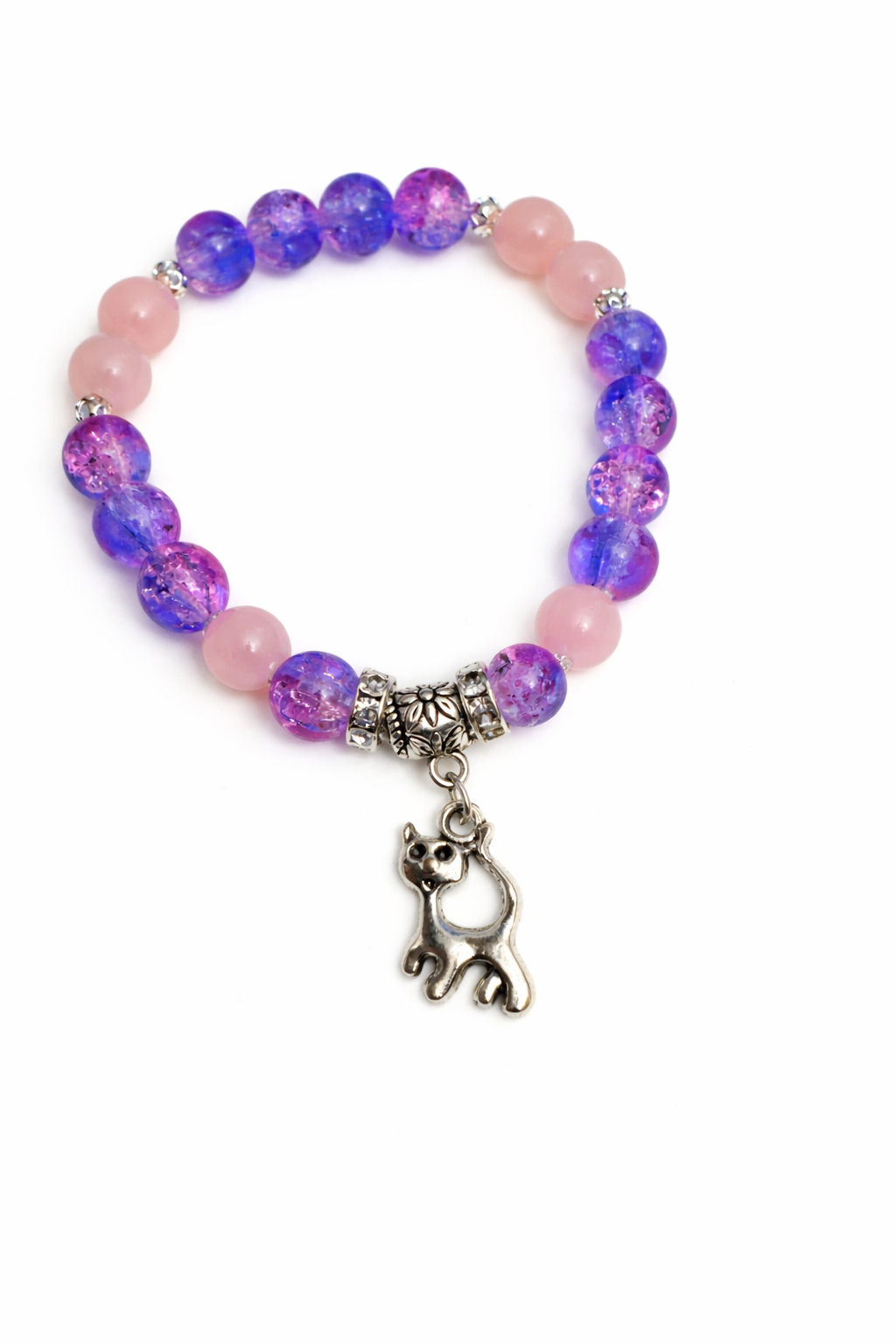 Pink, Blue & Purple Glass Beaded Cat Charm Bracelet