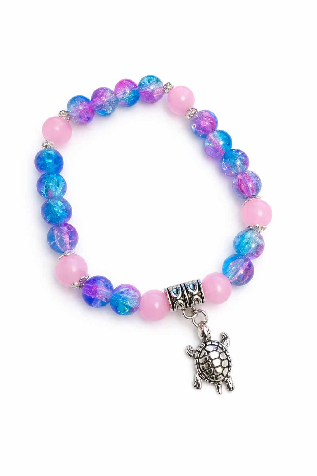 6mm Pink & Blue Glass Bead Bracelet with Turtle Charm