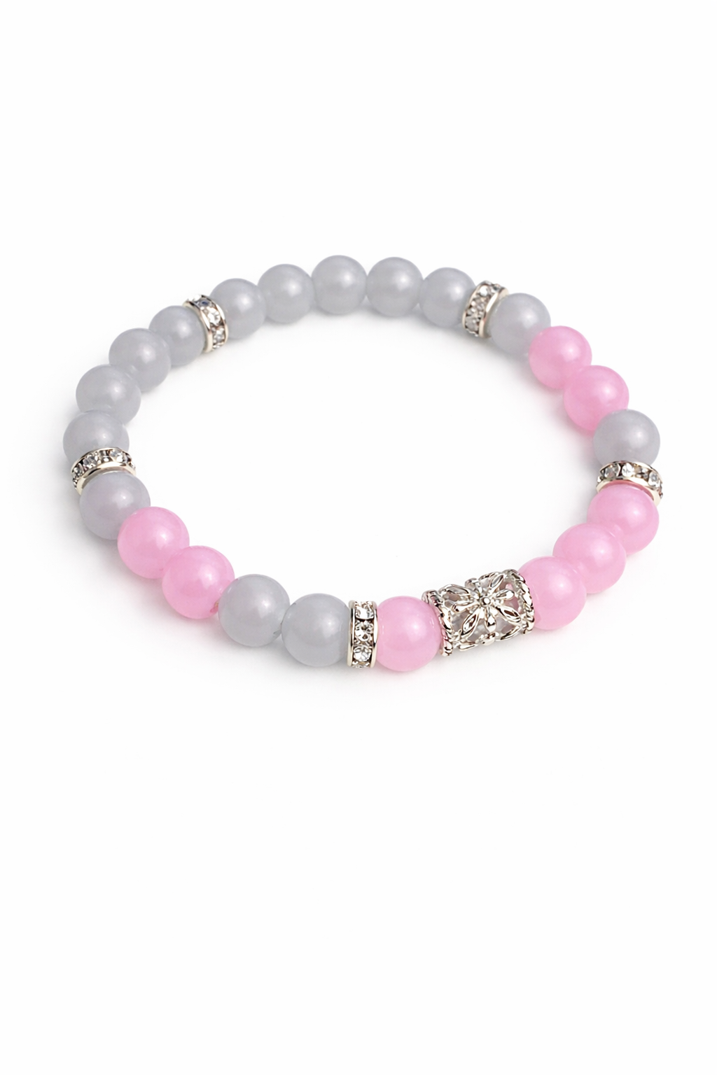 6mm Pink & Gray Glass Beaded Bracelet
