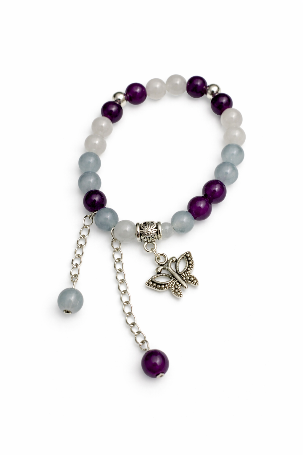 Plum & Grey Glass Beaded Butterfly Charm Bracelet with Beaded Chain