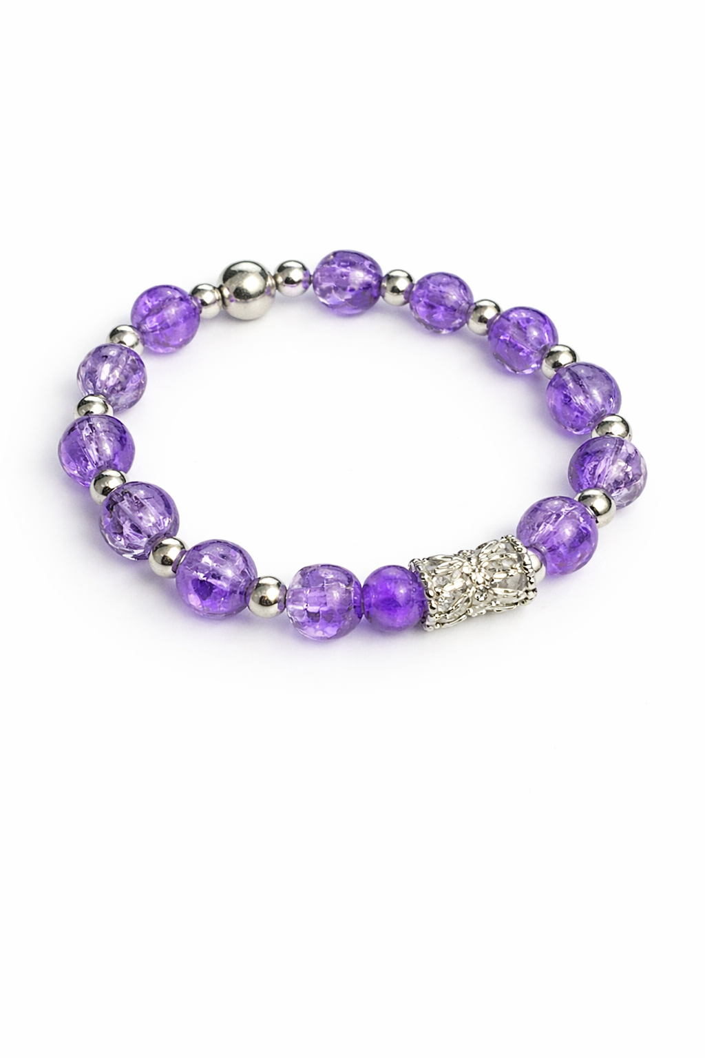 6mm Purple & Silver Crackle Glass Beaded Bracelet