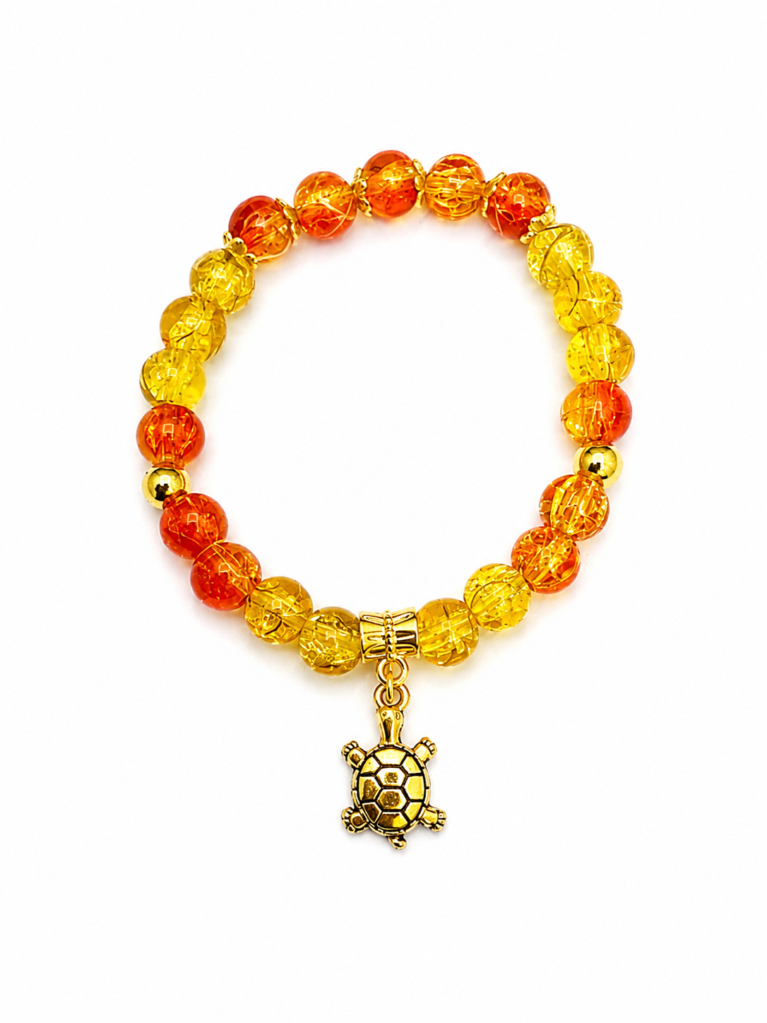 Yellow & Burnt Orange Glass Bead Bracelet with Turtle Charm