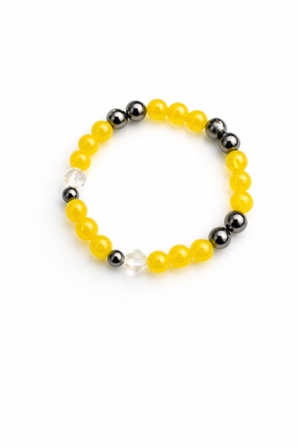 6mm Yellow - White Glass Beaded Bracelet with Dark Grey Accents