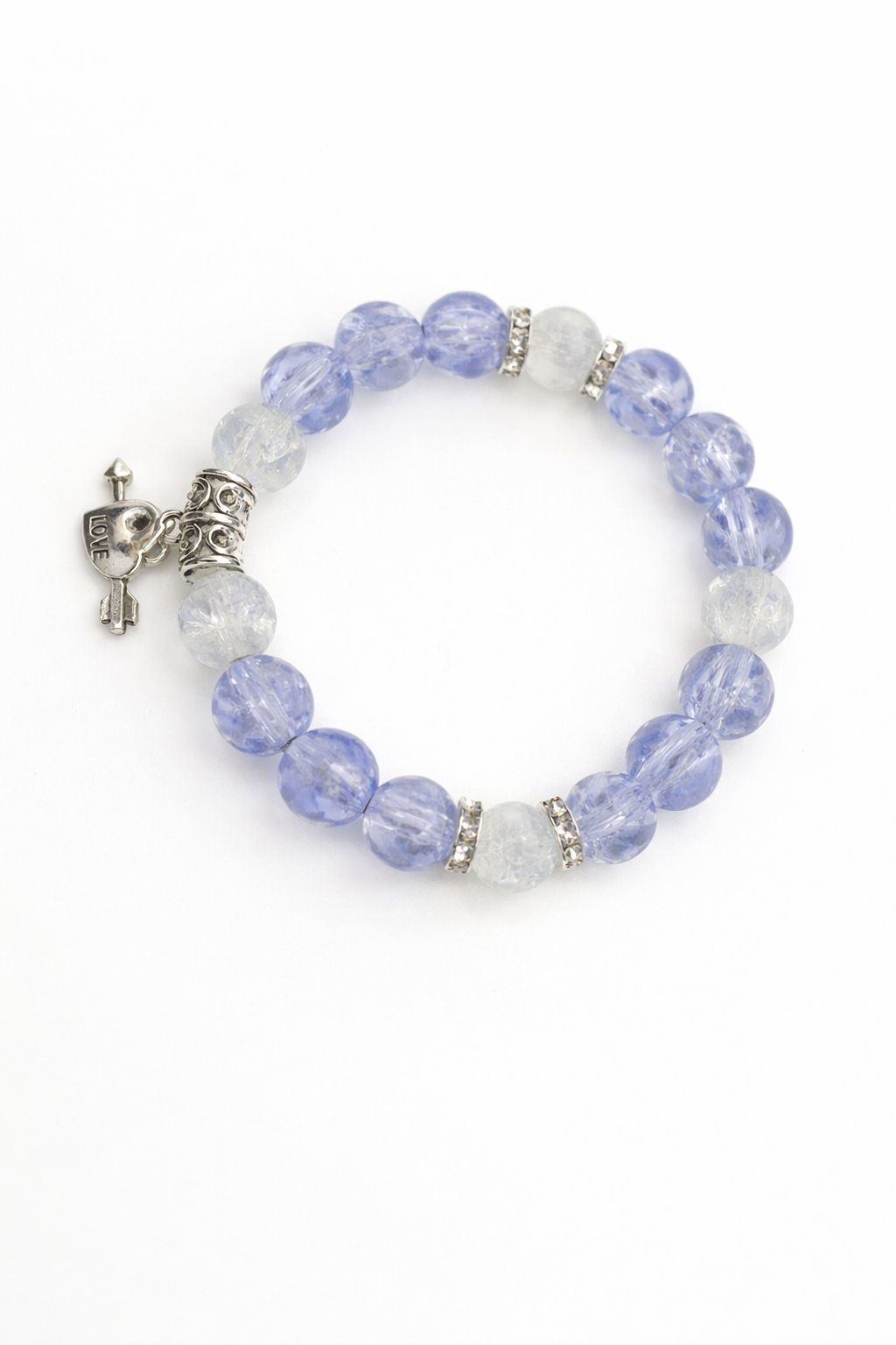 8mm Blue Glass Beaded Bracelet with Love Key Charm