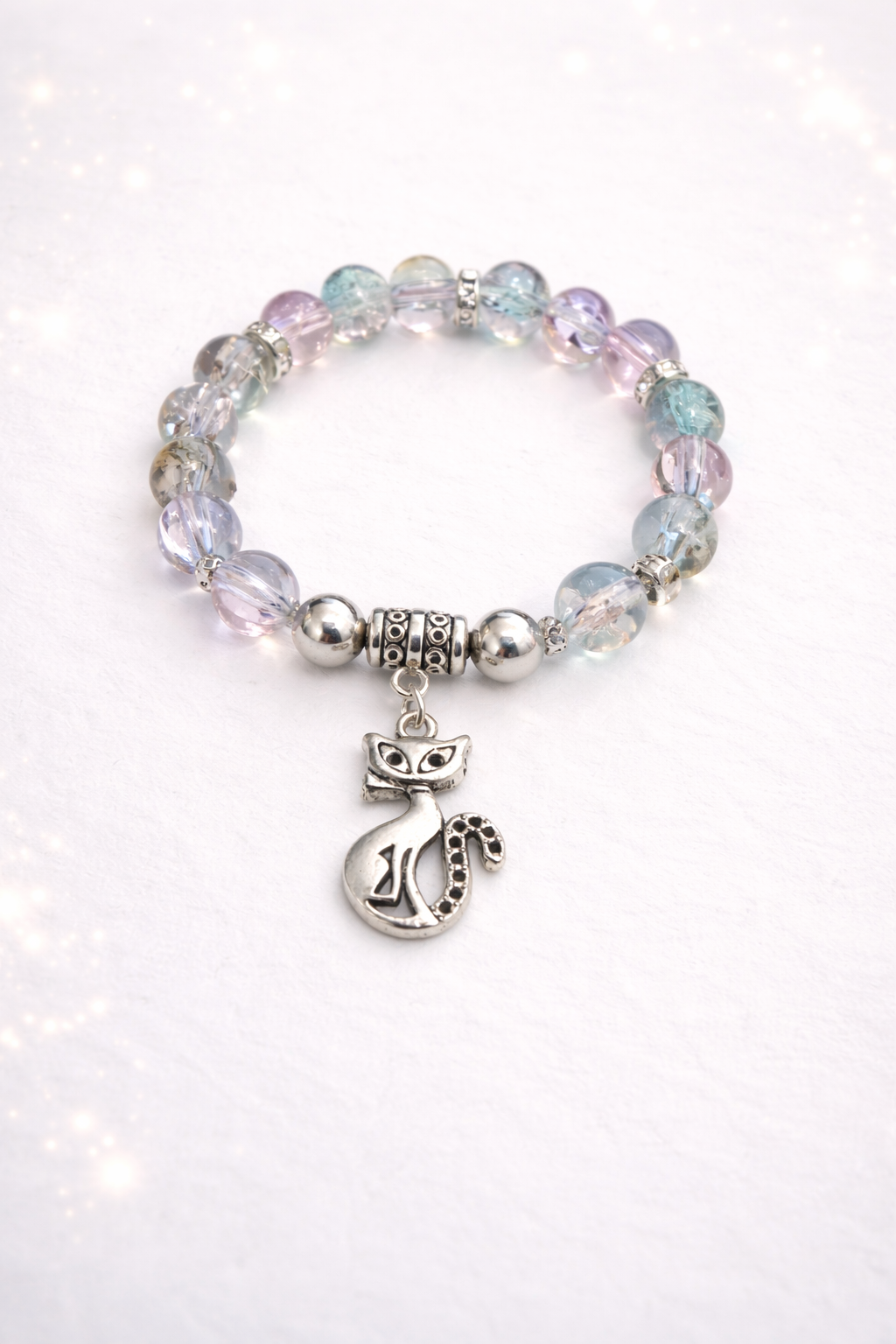 8mm Glass Bead Cat Charm Bracelet
