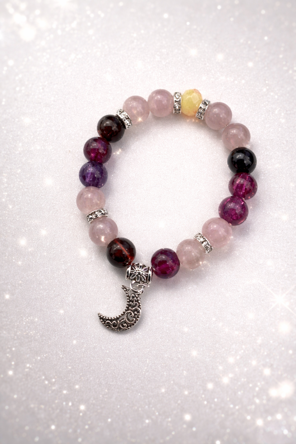 8mm Glass Bead Bracelet with Silver Moon Charm