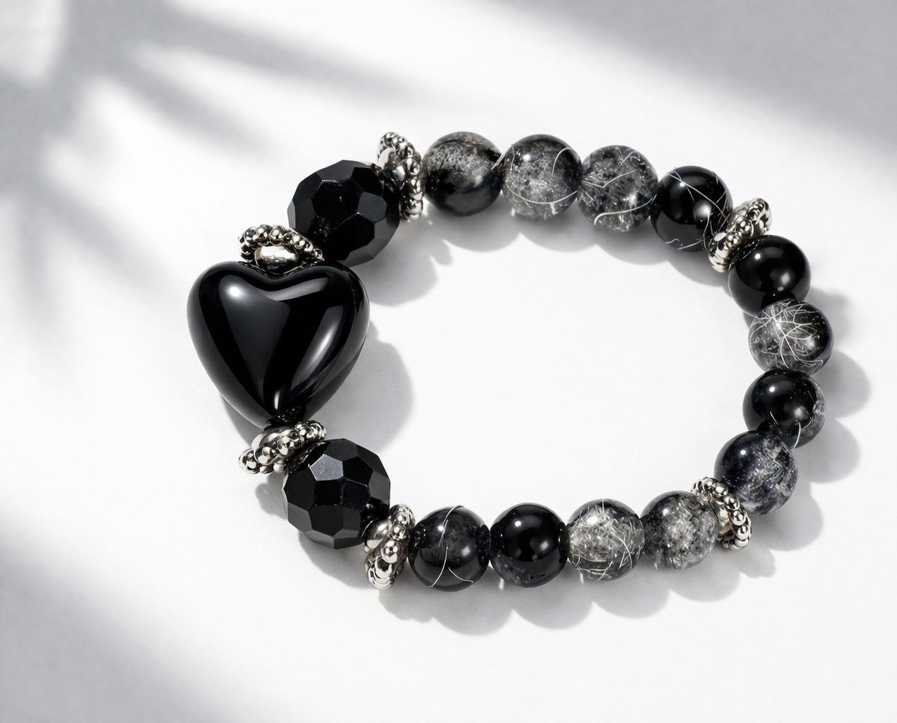 8mm Glass with Acrylic Black Heart Bracelet