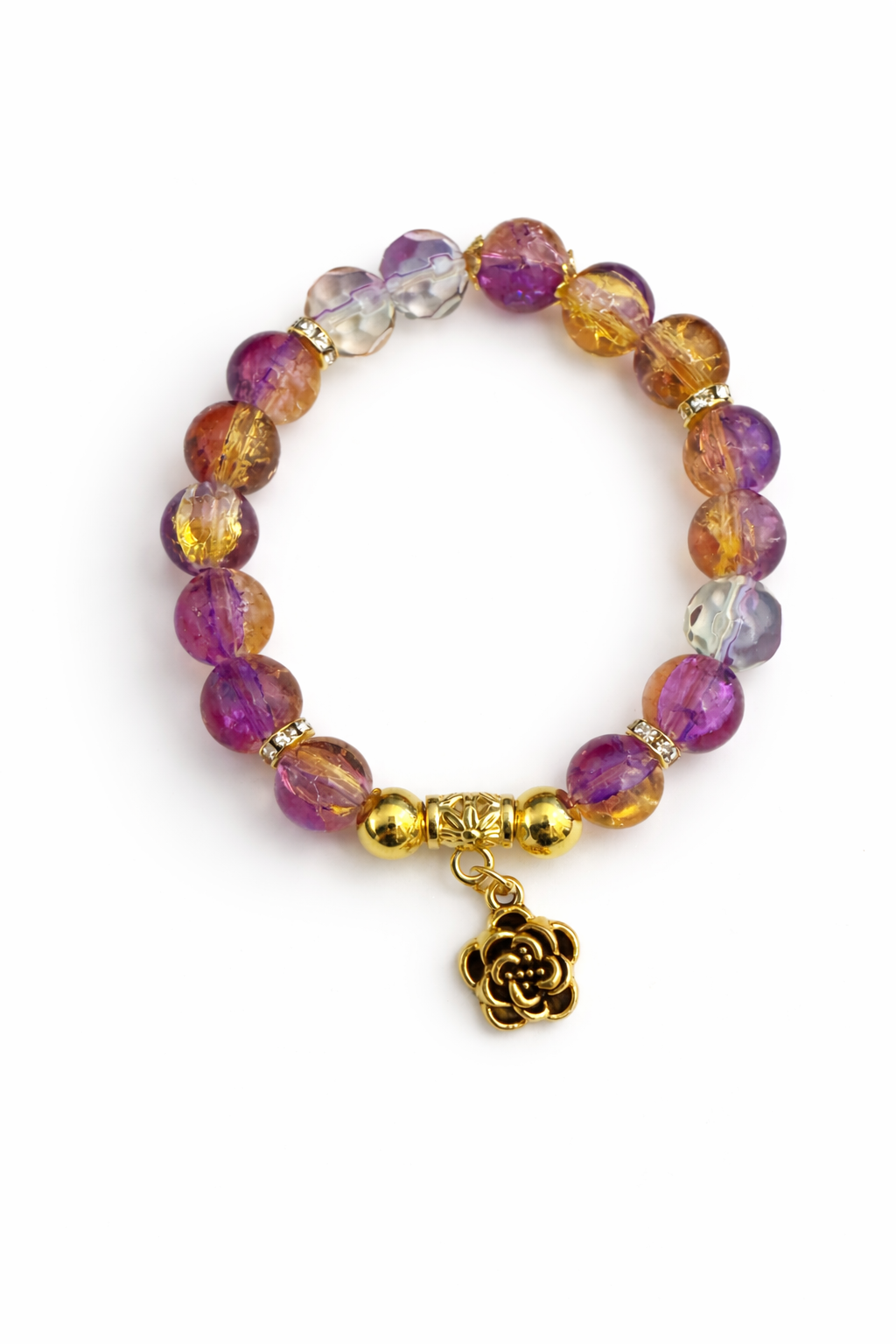 8MM Purple & Gold Glass Beaded Bracelet with Rose Charm