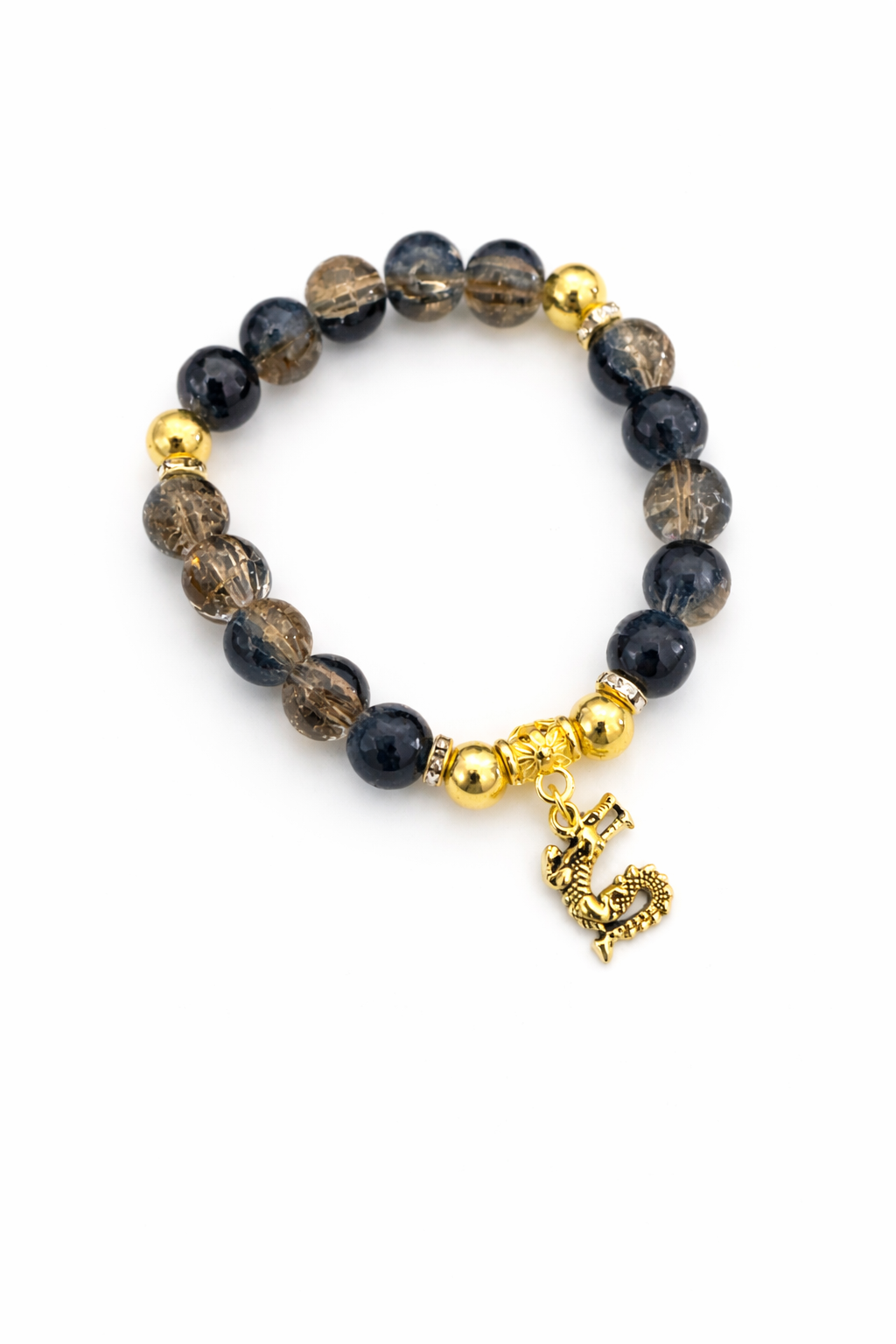 8MM Dark Blue Smoky Glass Beaded Bracelet with Gold Dragon Charm