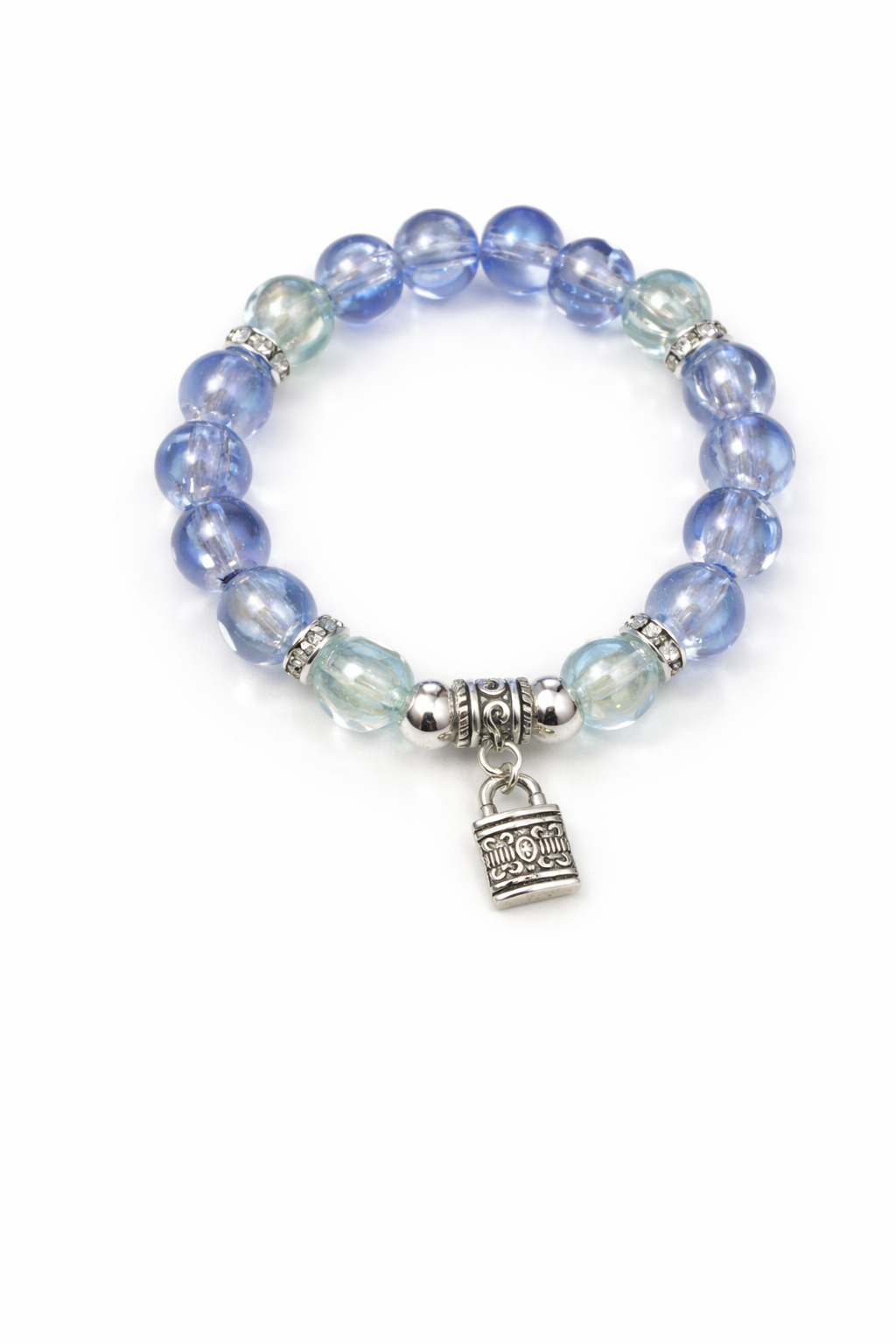 8MM Blue Glass Beaded Bracelet with Lock Charm