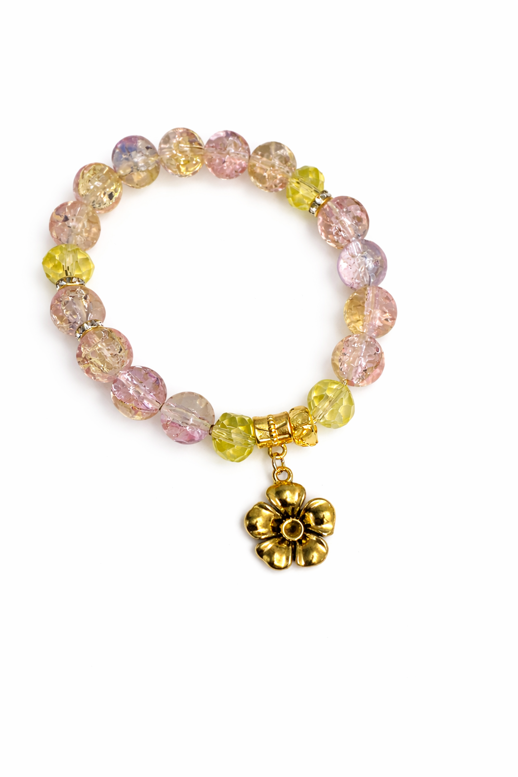 Gold & Pink/Yellow Glass Flower Charm Bracelet