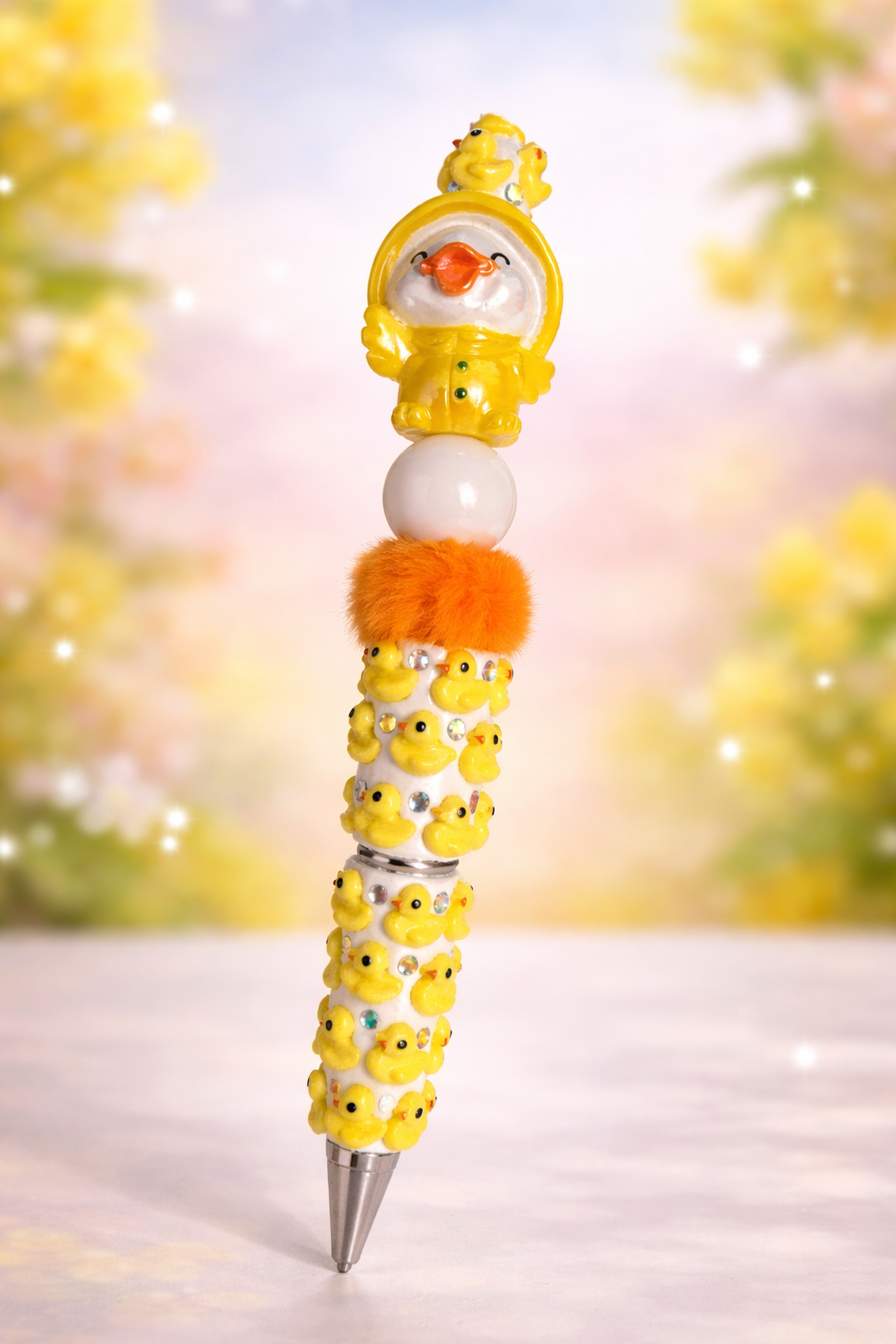 Sparkle Duckie Beaded Pen with Orange Pom Pom