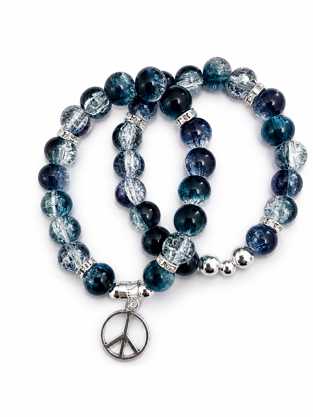 Stackable - 8mm Blue Glass Bead Bracelet Stack with Peace Sign Charm
