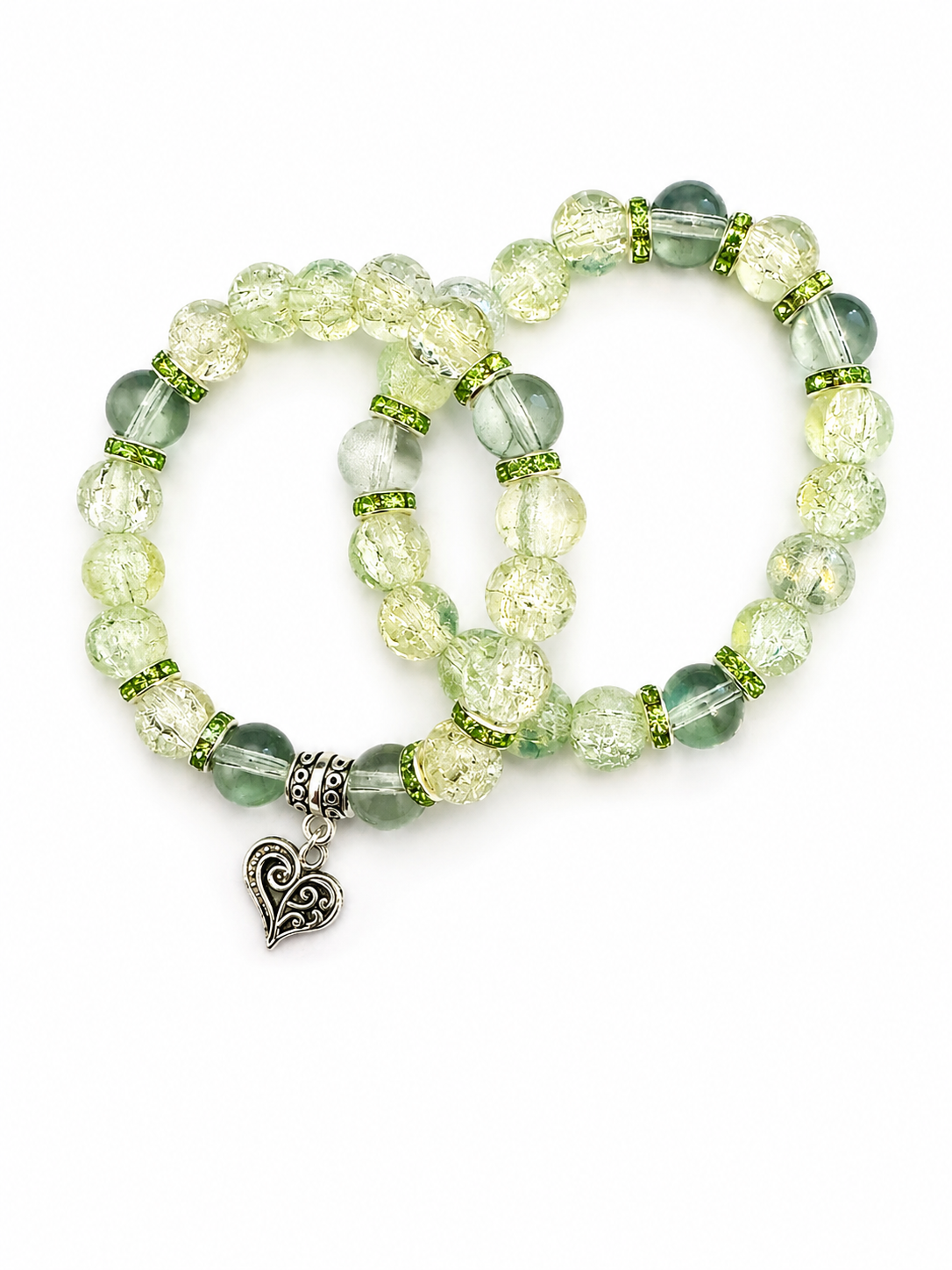 Stackable - 8mm Green Glass Bead Bracelet Stack with Heart Charm