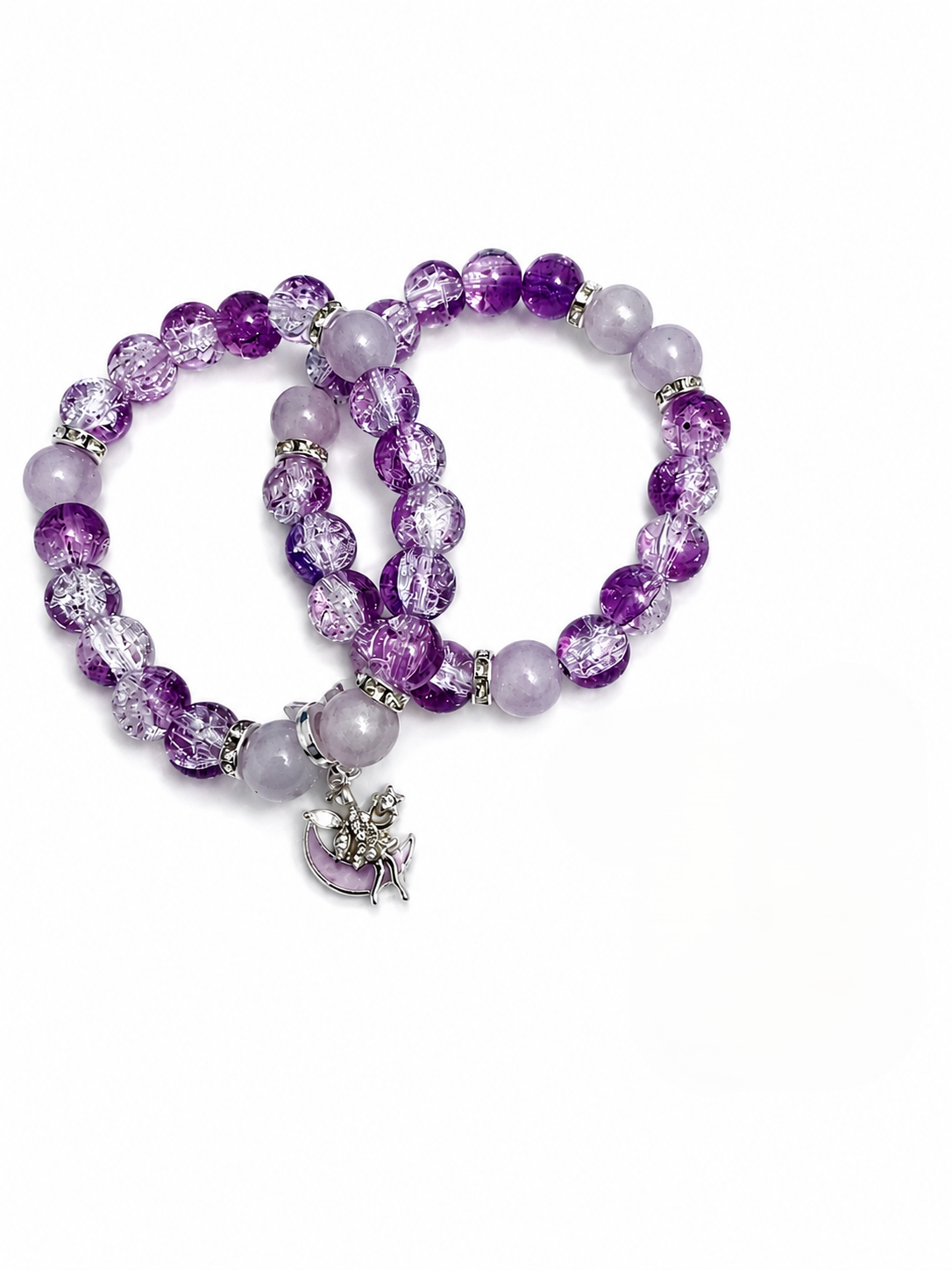 Stackable - 8mm Purple Glass Bead Bracelet Stack with Fairy Charm