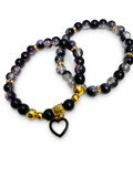 Stack the Sparkle 6mm Black & Clear with Gold Accents Heart Charm Stackable Bracelet Set